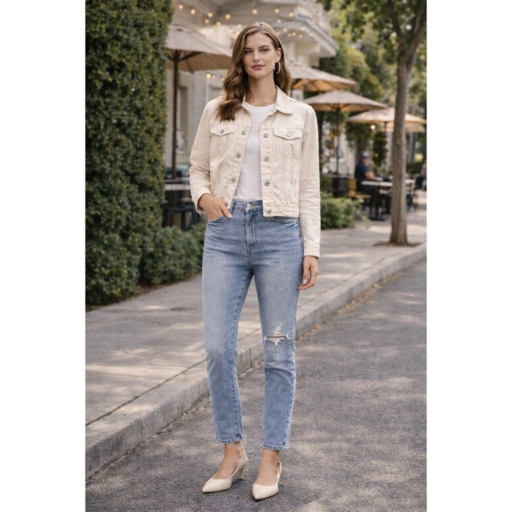 WE THE FREE Women's Denim Jacket SMALL Cream Cropped 100% Cotton Button Front